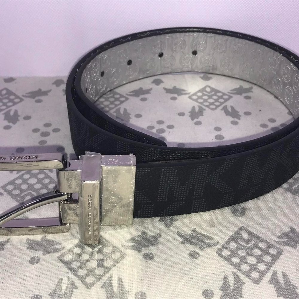 Michael Kors MK Signature Monogram Logo SilverBuckle Reversible Black Belt Small